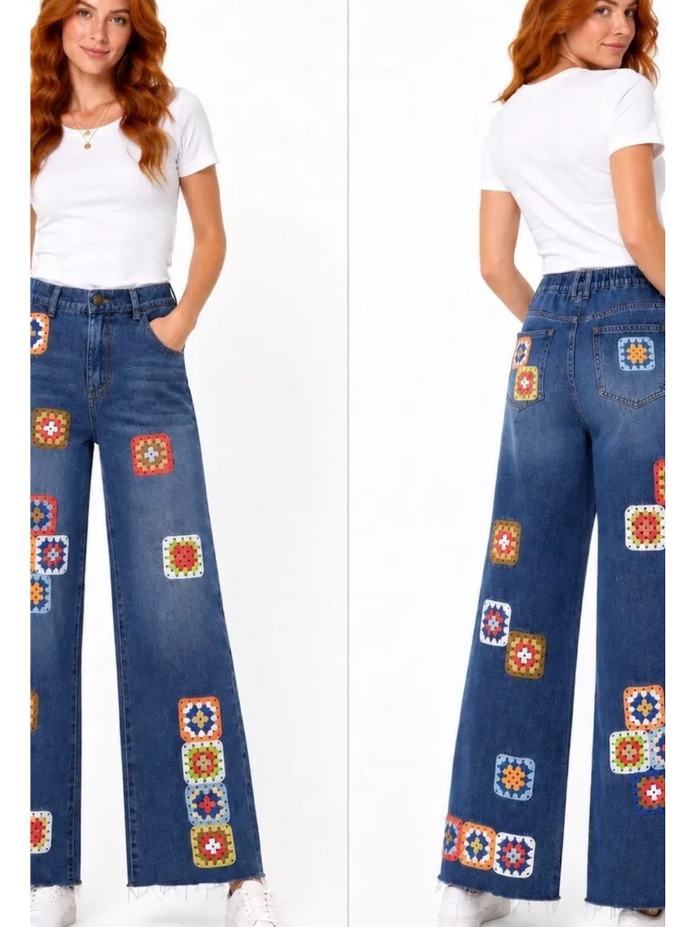 Oli & Hali Blue Wide-Leg Jeans with Multicolor Crochet Squares